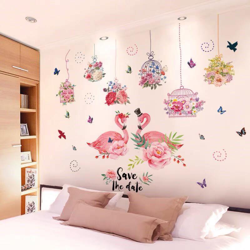 Decal dán tường Lồng chim hoa và đôi uyên ương - HP368