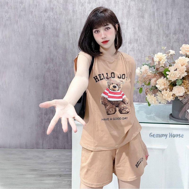 Bộ đùi mặc nhà nữ mùa hè sát nách , đồ bộ bigsize chất cotton xịn in hình gấu Helo Joy đi chơi,dạo phố,yoga đều được