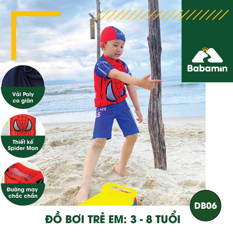 Đồ Bơi Trẻ Em Bé Trai 3 - 8 Tuổi - Babamin - Kèm Mũ - Họa Tiết Spider Man Ngộ Nghĩnh - DB06