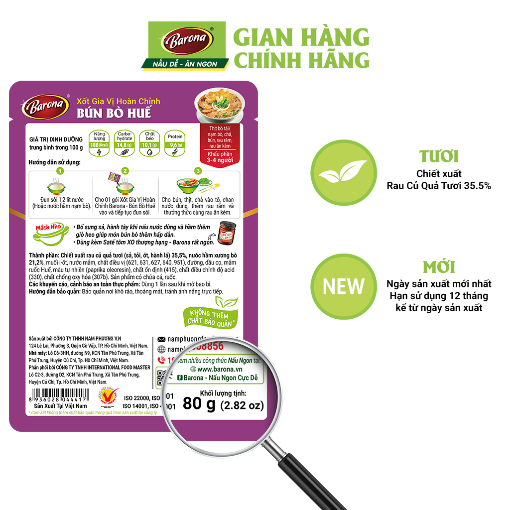 Combo 3 gói Gia Vị Hoàn Chỉnh Barona - Bún Bò Huế 80g