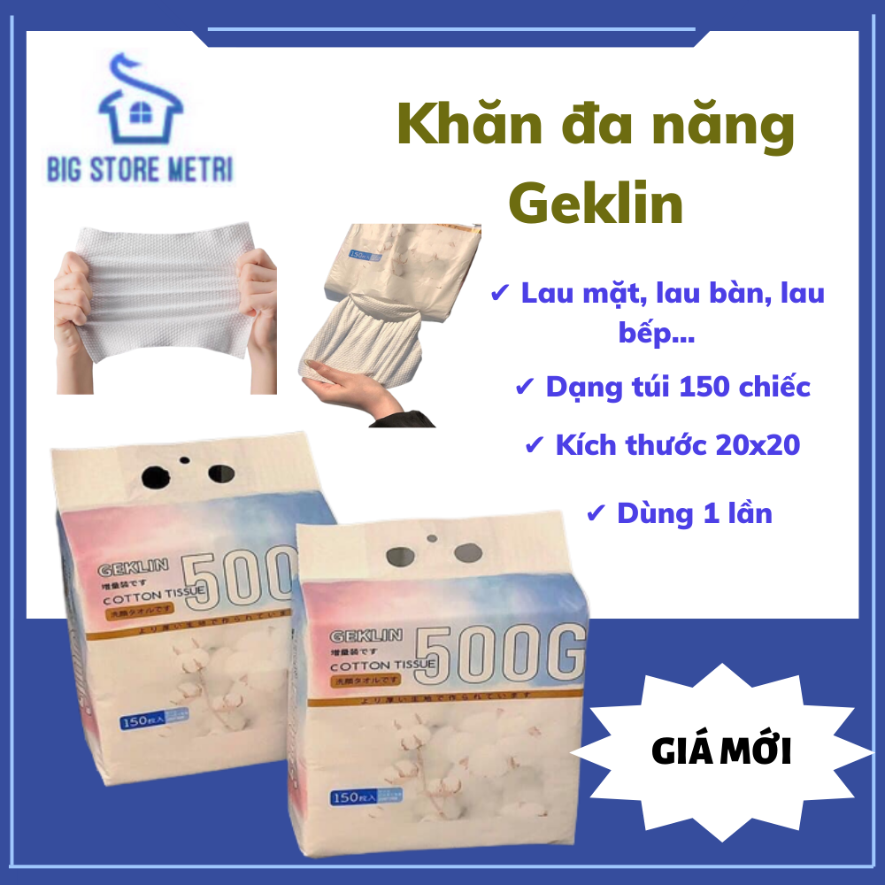 Khăn vải khô 100% cotton Geklin cao cấp siêu dai, mềm mại, không cồn không mùi, an toàn cho da nhạy cảm của trẻ em và người lớn - 1 bịch 500g 150 tờ, kích cỡ 1 tờ 20*20cm