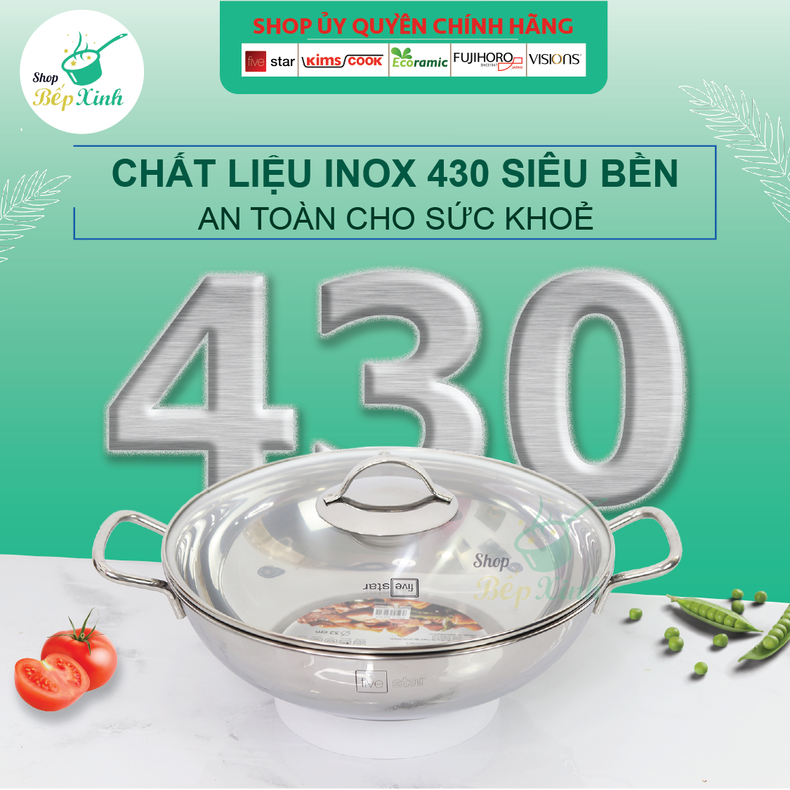 Chảo lẩu inox sâu lòng inox Fivestar nắp kính , 3 đáy dùng được bếp từ, hồng ngoại , gas