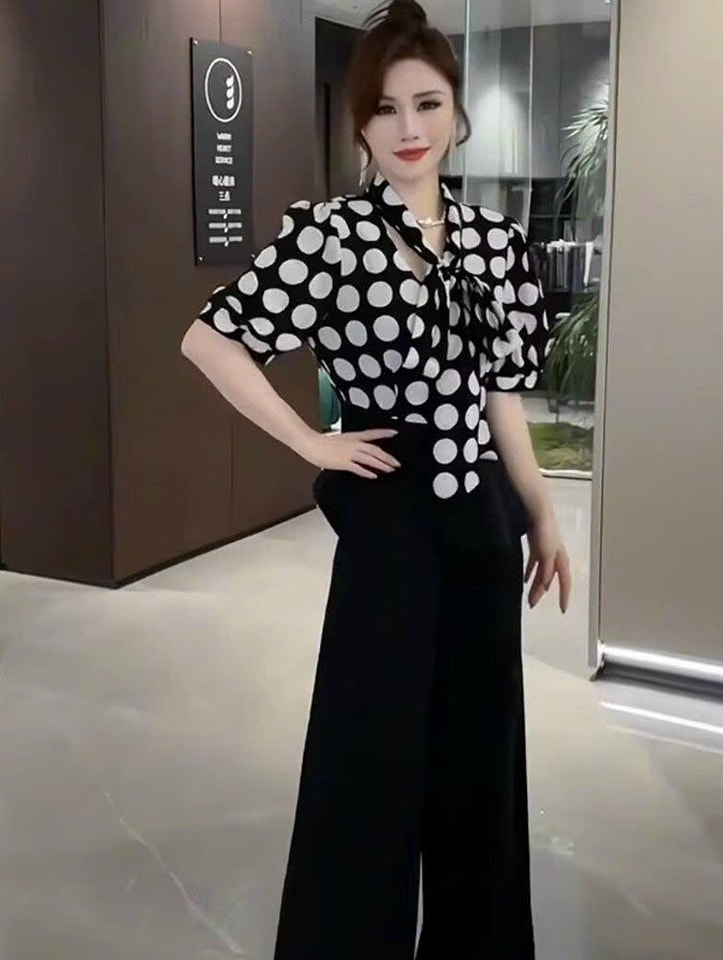 Set bộ nữ quần ống suông + áo kiểu phối bi cột nơ cổ