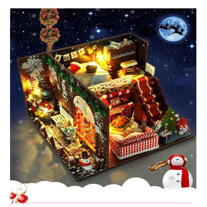 Mô Hình Lắp Ghép Nhà Gỗ Giáng Sinh Vui Vẻ Phong Cách Châu Âu Tặng Mica + Keo
