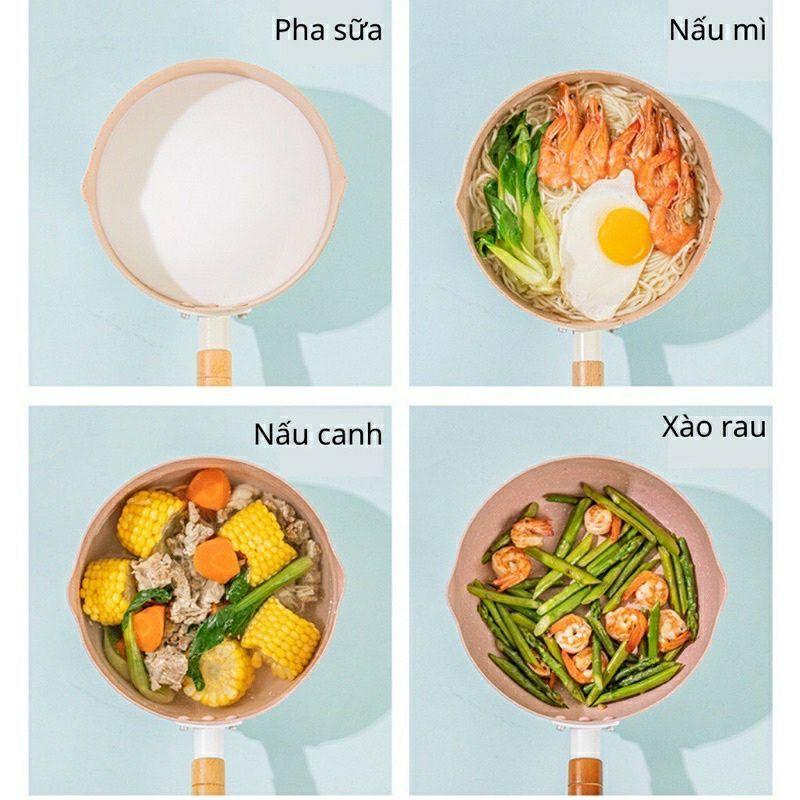 CHẢO SÂU LÒNG CHỐNG DÍNH 18CM - QUÁNH SÂU LÒNG TAY CẦM GỖ TIỆN LỢI NẤU BỘT CHO BÉ