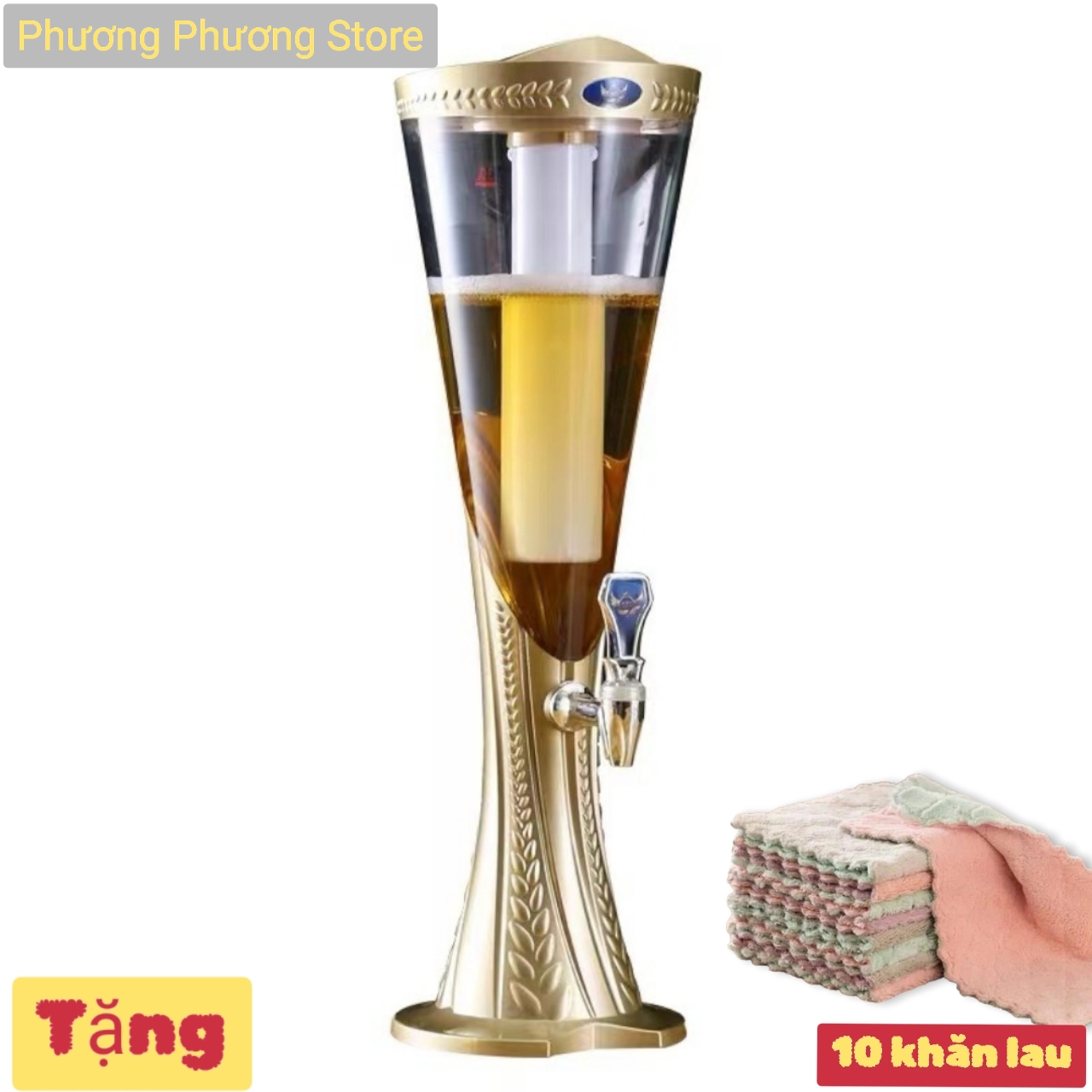 Tháp Bia 3 lít Vân Đế Lúa Mạch có lõi đựng đá làm mát tặng 10 khăn Iau