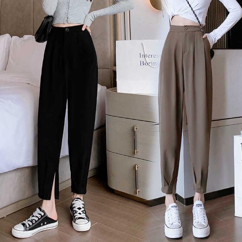 Quần baggy nữ lưng cao màu đen có khóa gấu CHERRY quần tây ống suông V049