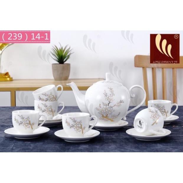 Bộ ấm chén uống trà sứ trắng hoa