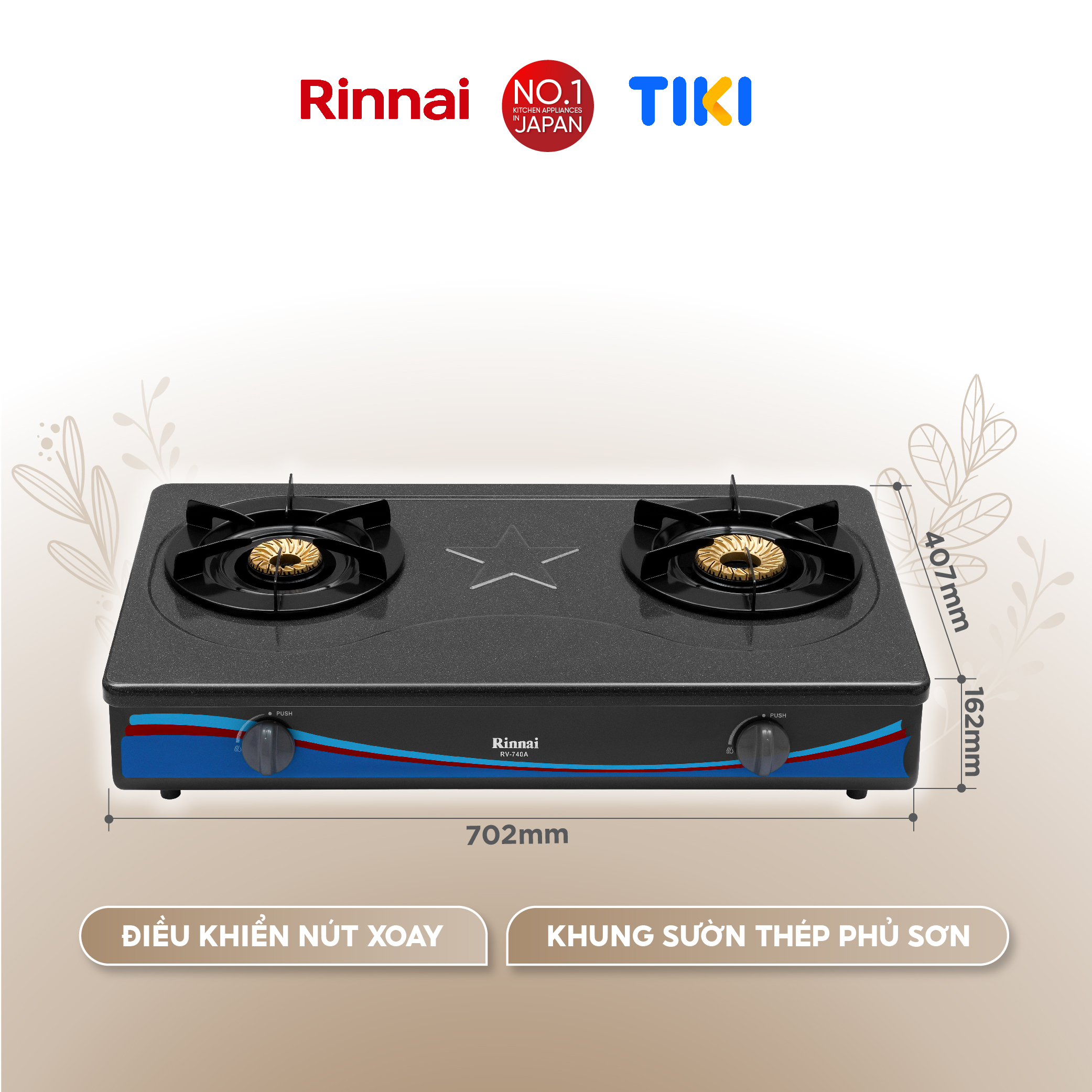 Bếp gas dương Rinnai RV-740A(GF) mặt bếp men và kiềng bếp men - Hàng chính hãng