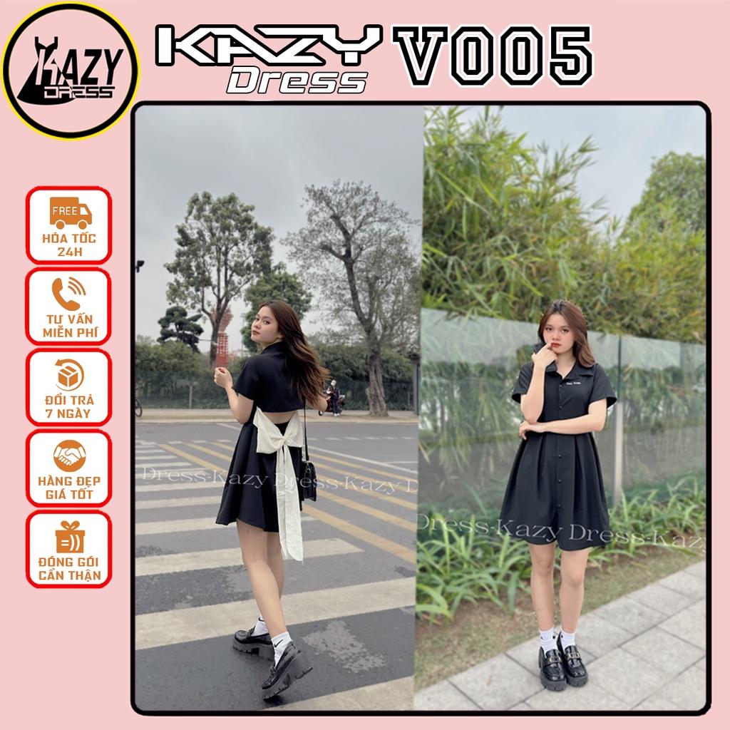 Đầm váy nữ sơ mi logo khoét lưng thắt nơ phong cách tiểu thư Hàn Quốc KAZY STORE V005