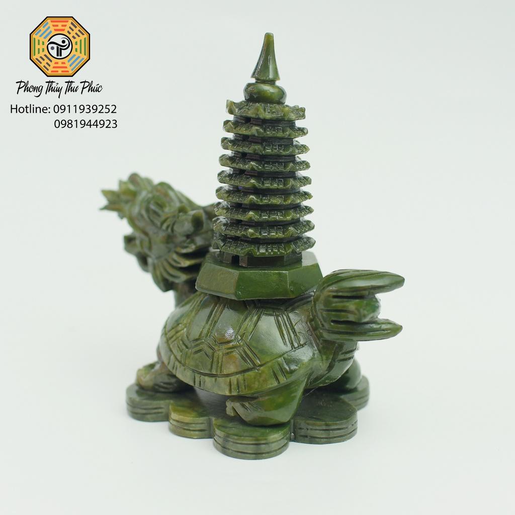 Tượng Long Quy cõng tháp văn xương 9 tầng , đá sarphentine  màu xanh,Kích thước cao 18 x 17 x 10 cm, nặng 1,3kg