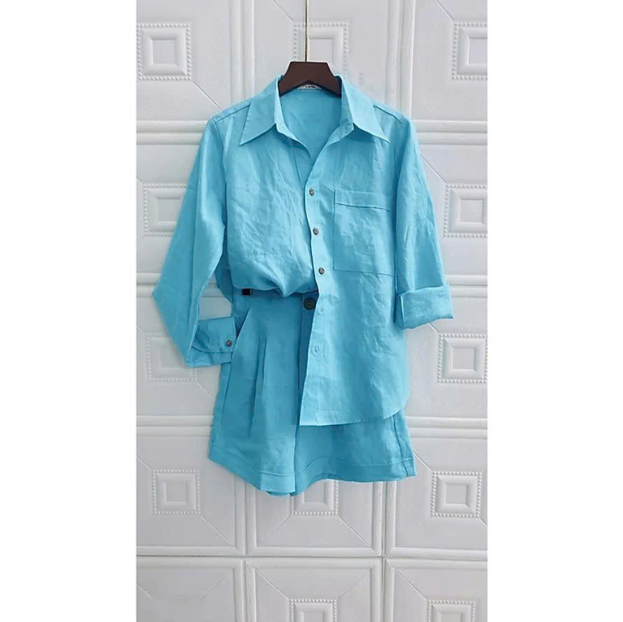 Set quần short và áo sơ mi dài tay cho nữ, chất linen cao cấp Đũi Việt, phong cách Hàn Quốc