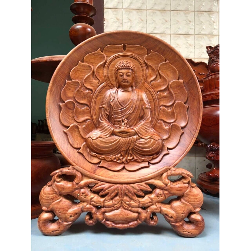 Tranh đĩa phong thủy Phật Tổ gỗ hương