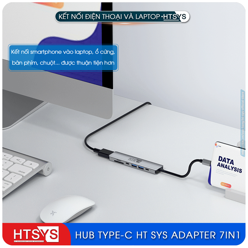 Hub Type C HT SYS 7 in 1 To HDMI, USB 3.0, SD, TF, USB C, PD 100W - Hàng Chính Hãng