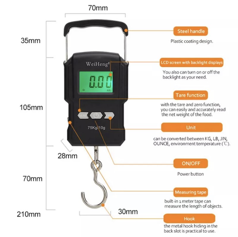 Cân Điện Tử Cầm Tay Chốt Số Tự Động WH A22 75kg Bao Gồm Thước Đo 1m Độ Chính Xác Cao Thích Cân Đi Câu Cá &amp; Cân Hàng Hóa (Bảo Hành 1 Năm) [ CÂN HOÀNG MINH PHÁT ]