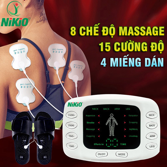 Máy Massage Xung Điện Nikio NK-105 - Máy Mát Xa 4 Miếng Dán + Dép Matxa Bàn Chân - 8 Chế Độ và 15 Cấp Độ Tùy Chỉnh, Giảm Đau Nhức Toàn Thân, Cải Thiện Tê Bì Chân