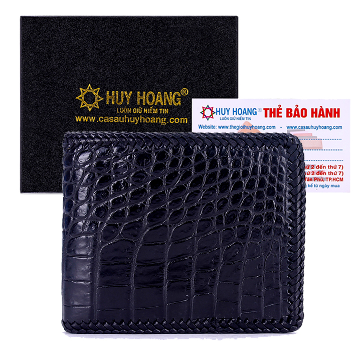 HJ2254-2711-2712-2713 - Ví nam Huy Hoàng da cá sấu đan viền gai bụng màu đen, nâu đất, nâu đỏ, vàng bò