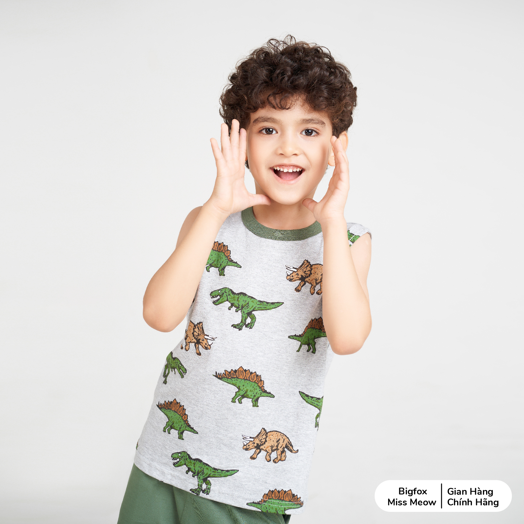 Bộ sát nách bé trai Bigfox Miss Meow mùa hè size đại vải cotton kiểu ba lỗ in khủng long 3,7,9,11 tuổi 30kg 40kg 1931