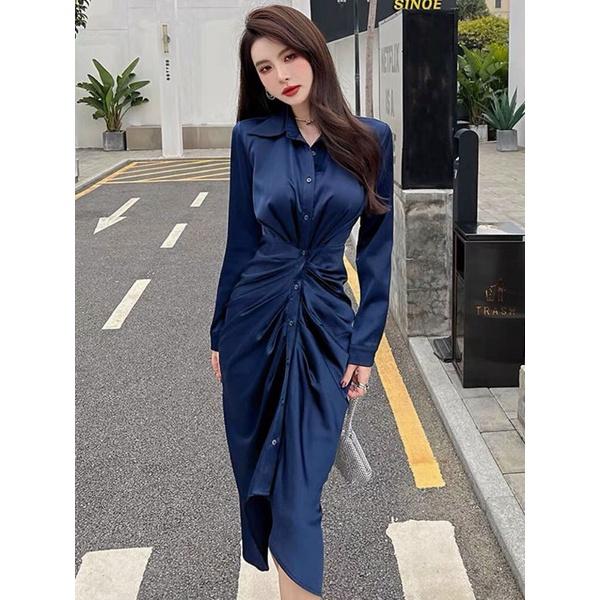 ĐẦM XANH SƠ MI LỤA NHÚN EO