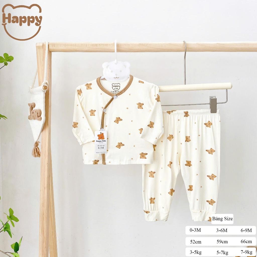 [3-8kg] Bộ Quần Áo Sơ Sinh Dài Tay Thun Lạnh NỀN KEM VIỀN NÂU Mềm, Mát, Có Đáp Đũng Mặc Tã Thoải Mái - Gấu Sao