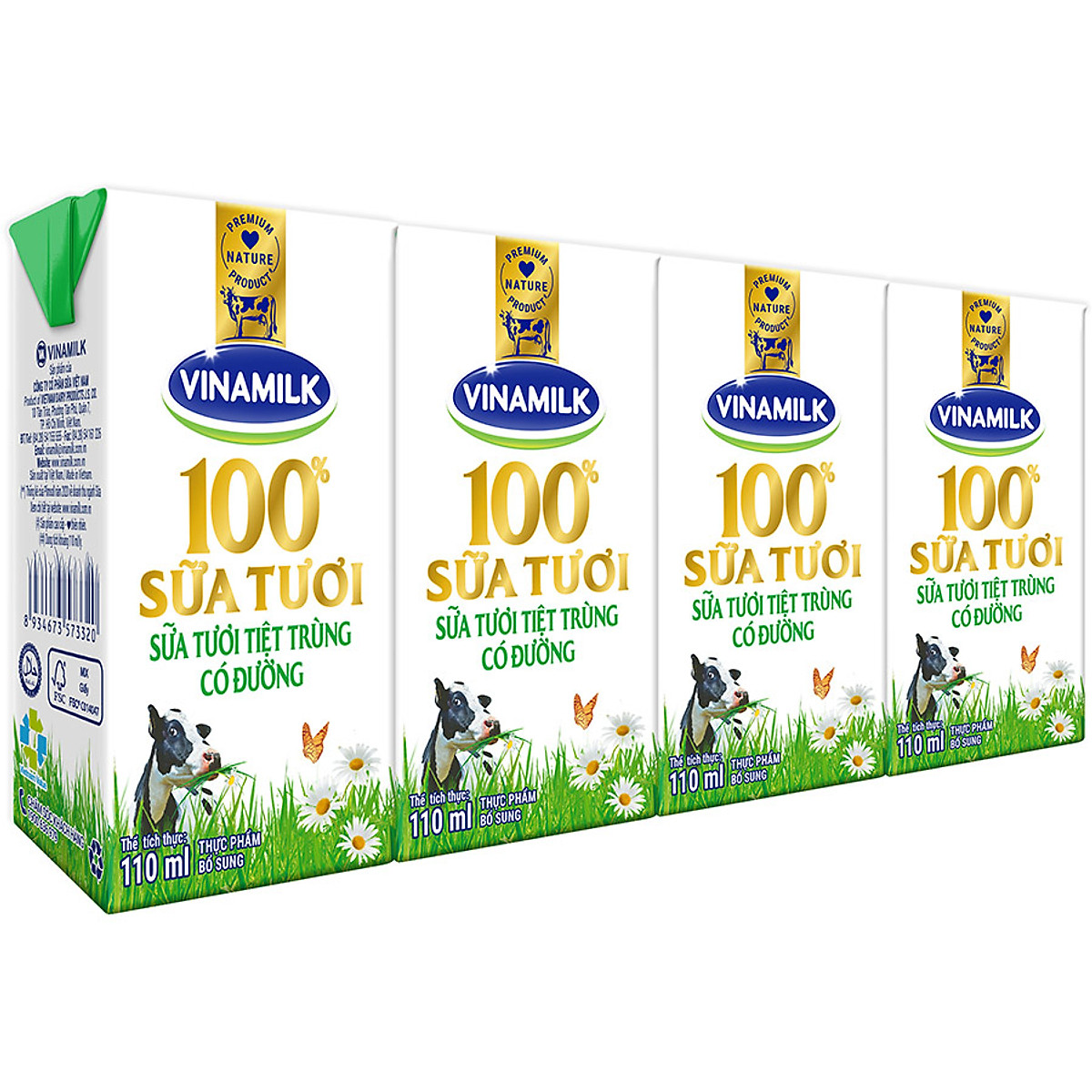 Lốc 4 hộp Sữa Tươi Tiệt Trùng Vinamilk 100% Có Đường 110ml