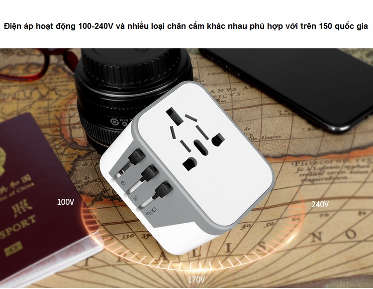 Ổ cắm quốc tế cao cấp 4 cổng sạc USB ( Tặng 03 nút kẹp giữ dây điện )
