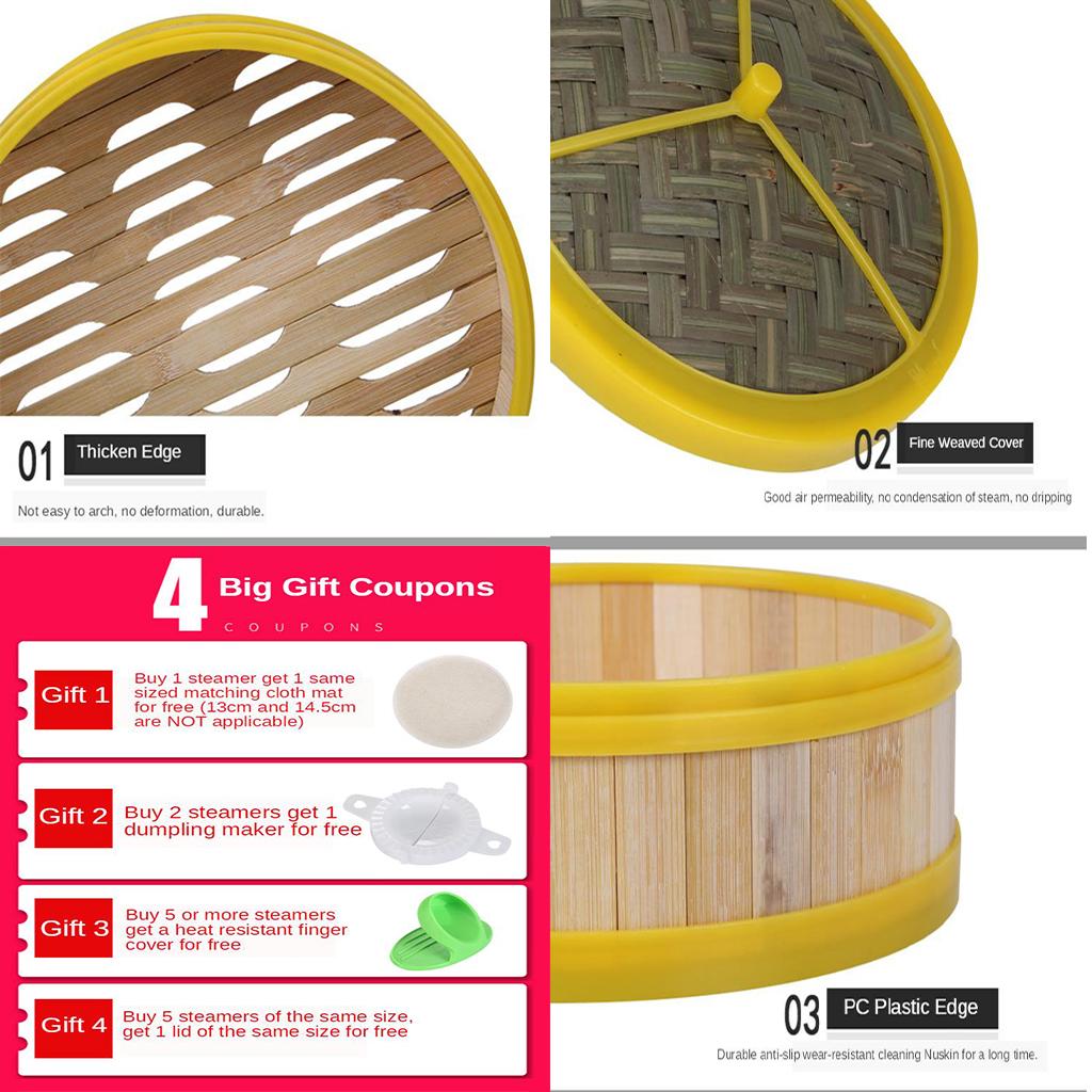 Natural Bamboo Steamer Basket For Cooking Dumpling Meat W/ Lid Home Kitchen