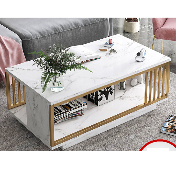 Bàn trà sofa phòng khách ANA mặt bàn họa tiết vân mây cẩm thạch hoặc xám đen 2 tầng khung thép - SF02