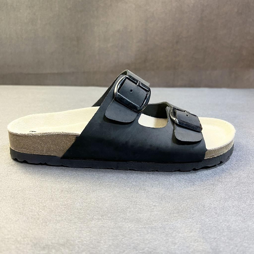 Dép đế trấu birken chất liệu da bò sáp nam nữ unisex quai ngang 2 khóa size 35 - 43 chính hãng Hishoo S104