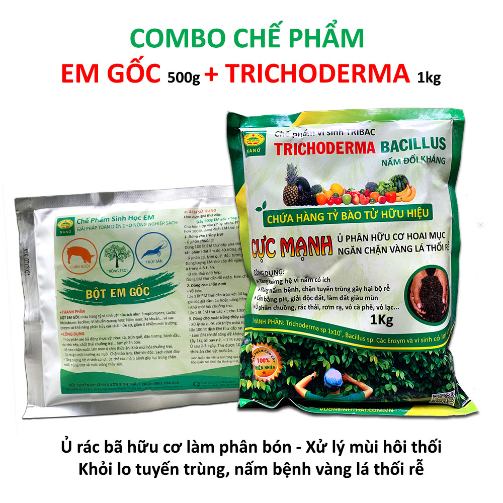 Combo 1 gói Chế phẩm EM gốc và 1kg Nấm đối kháng Trichoderma TRIBAC. Ủ phân cá, rác bã hữu cơ hoai mục nhanh không mùi hôi. Ngăn chặn nấm bệnh gây thối rễ vàng lá