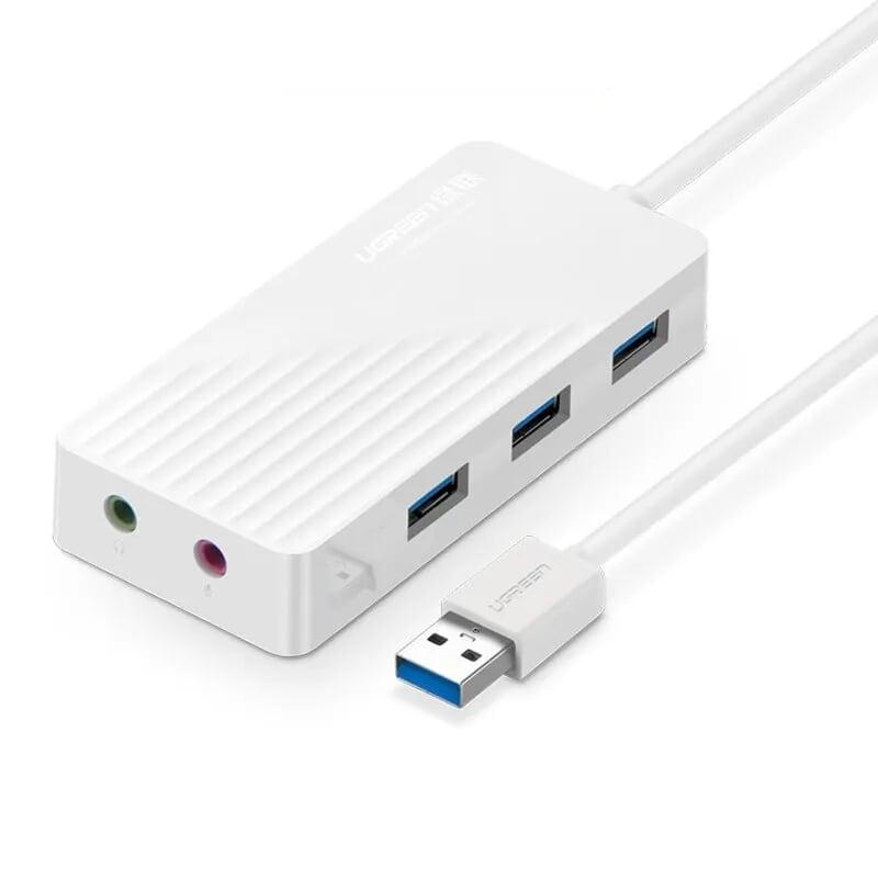 Ugreen UG30419CR133TK 1M màu Trắng Bộ chia HUB USB 3.0 sang 3 USB 3.0 + cổng âm thanh 3.5mm hỗ trợ nguồn MICRO USB - HÀNG CHÍNH HÃNG