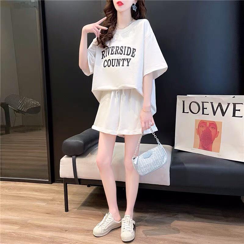 Bộ Quần Áo Cộc RiverSide, Set Áo Phông Cổ Tròn Kèm Quần Short Ống Rộng 2 Màu