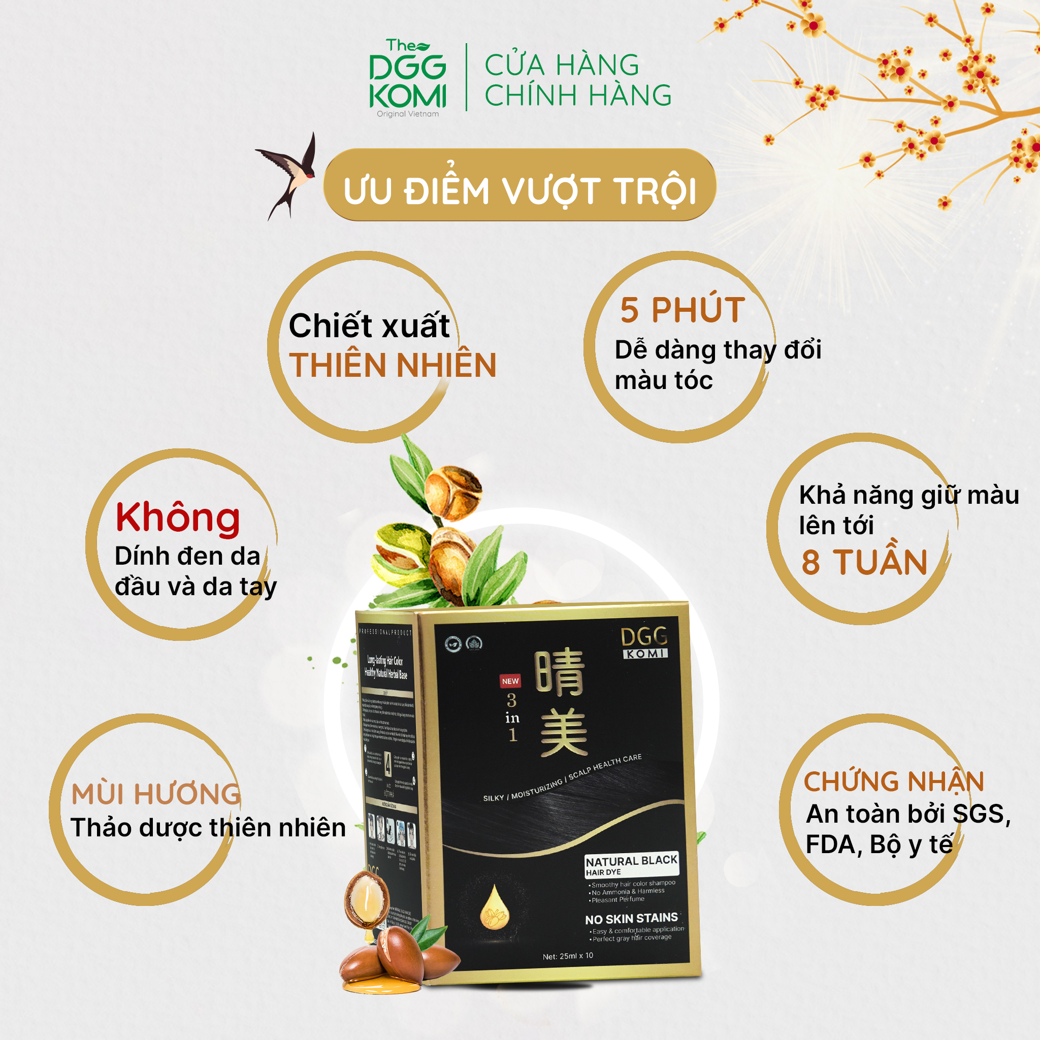 Dầu gội nhuộm tóc thảo dược DGGKOMI Việt Nam nhuộm màu chuẩn salon chiết xuất thiên nhiên hộp 1 gói dung tích 25ml/1 gói