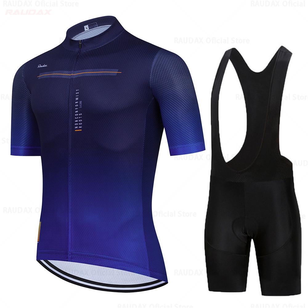 Đàn ông quần áo 2023 Mùa hè Raudax Cycling Jersey Blue Short Tay áo xe đạp Đội xe đạp Quick Dress Quần áo 19D Gel Pad Cycling Quần áo bộ quần áo Color: 1 Size: XL