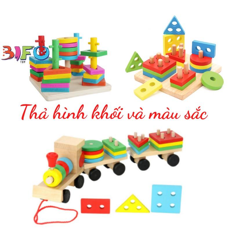 Đồ chơi thả hình khối và màu sắc tổng hợp bằng gỗ theo phương pháp montessori, xe kéo, tàu hỏa cho bé