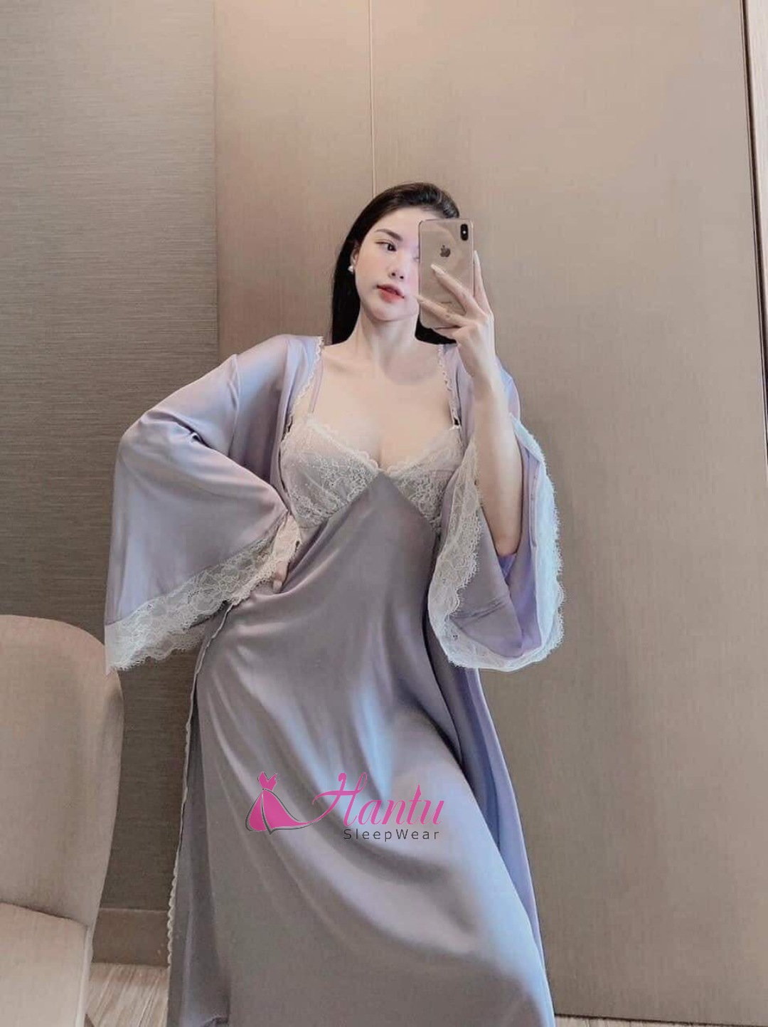 Hantu Sleepwear -Set áo choàng kèm váy ngủ lụa dáng dài qua gối mặc nhà sang trọng -Màu xám lông chuột