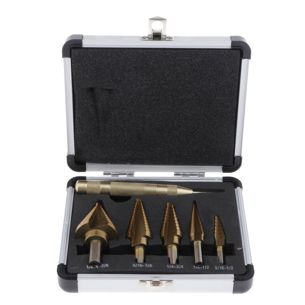 Step Drill, Titanium Coated HSS Step Drill Bit Set with 122mm Automatic Center Punch, 3/16-7/8,1/4-1-3/8,1/4-3/4,1/8-1/2,3/16-1/2 Steps, Aluminum Case