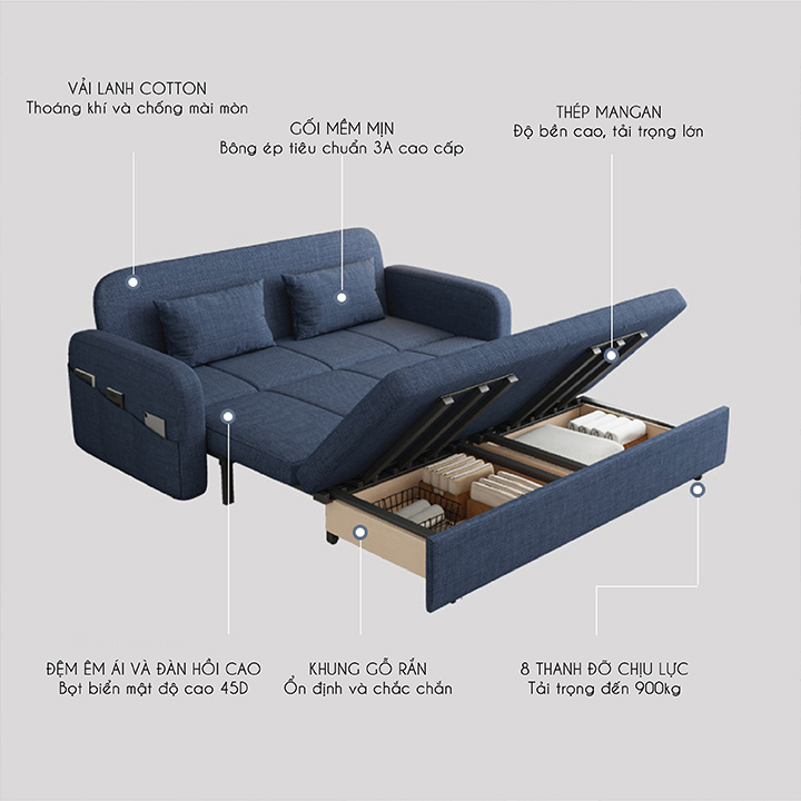 [CAO CẤP] Giường Sofa Gấp Gọn Thành Ghế Sofa. Giường Sofa Đa Năng Có Ngăn Chứa Đồ. Sofa Giường Gấp Gọn Toàn Bộ Khung Thép Chịu Lực Sơn Tĩnh Điện Với 8 Điểm Chịu Lực. Tặng Kèm 2 Gối Cùng Tone