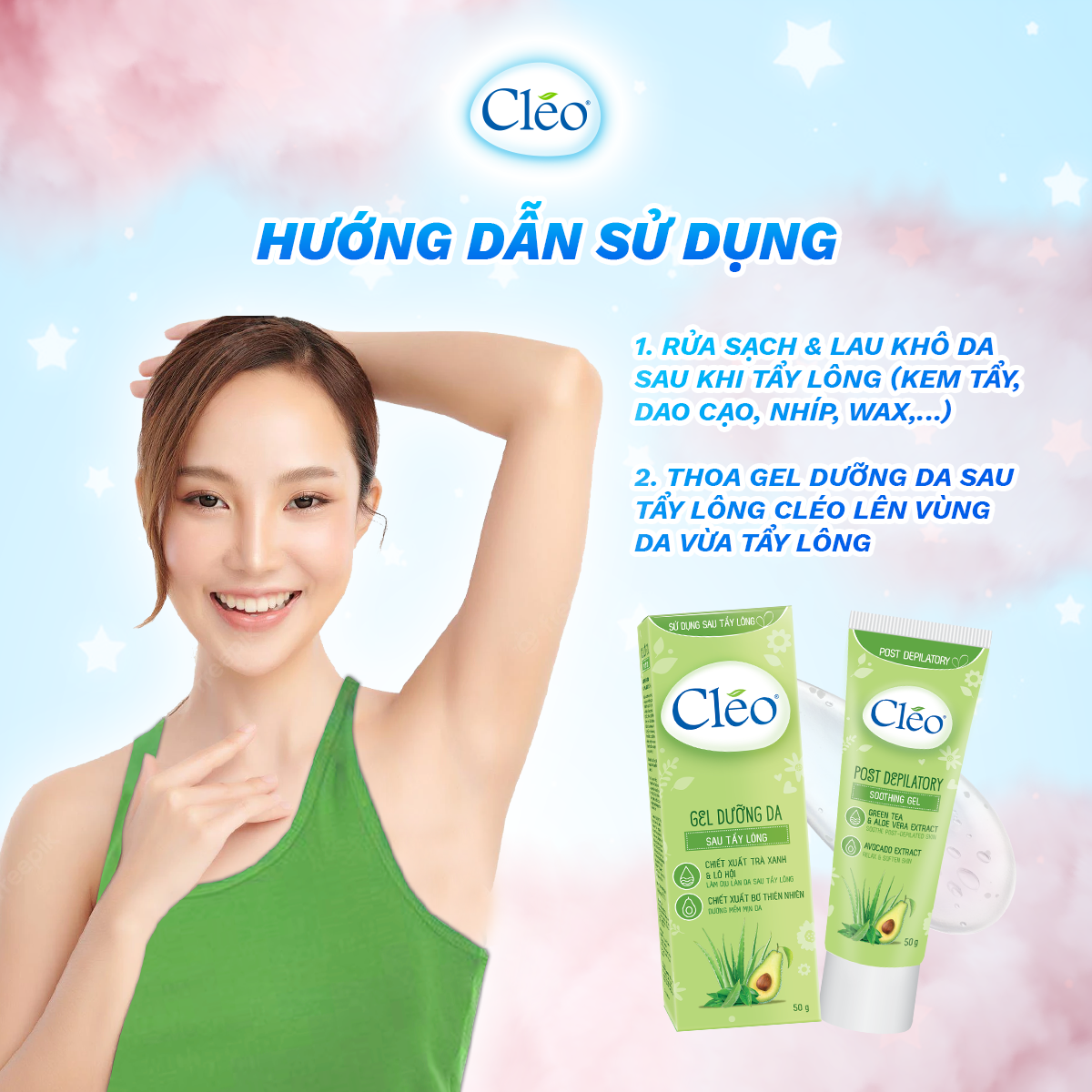 Combo Kem Bơ Tẩy Lông Cléo 50g Hương Thơm Dễ Chịu cho Mọi Loại Da kể cả Da Nhạy Cảm và Gel Dưỡng Da Sau Tẩy Lông Cleo 50g