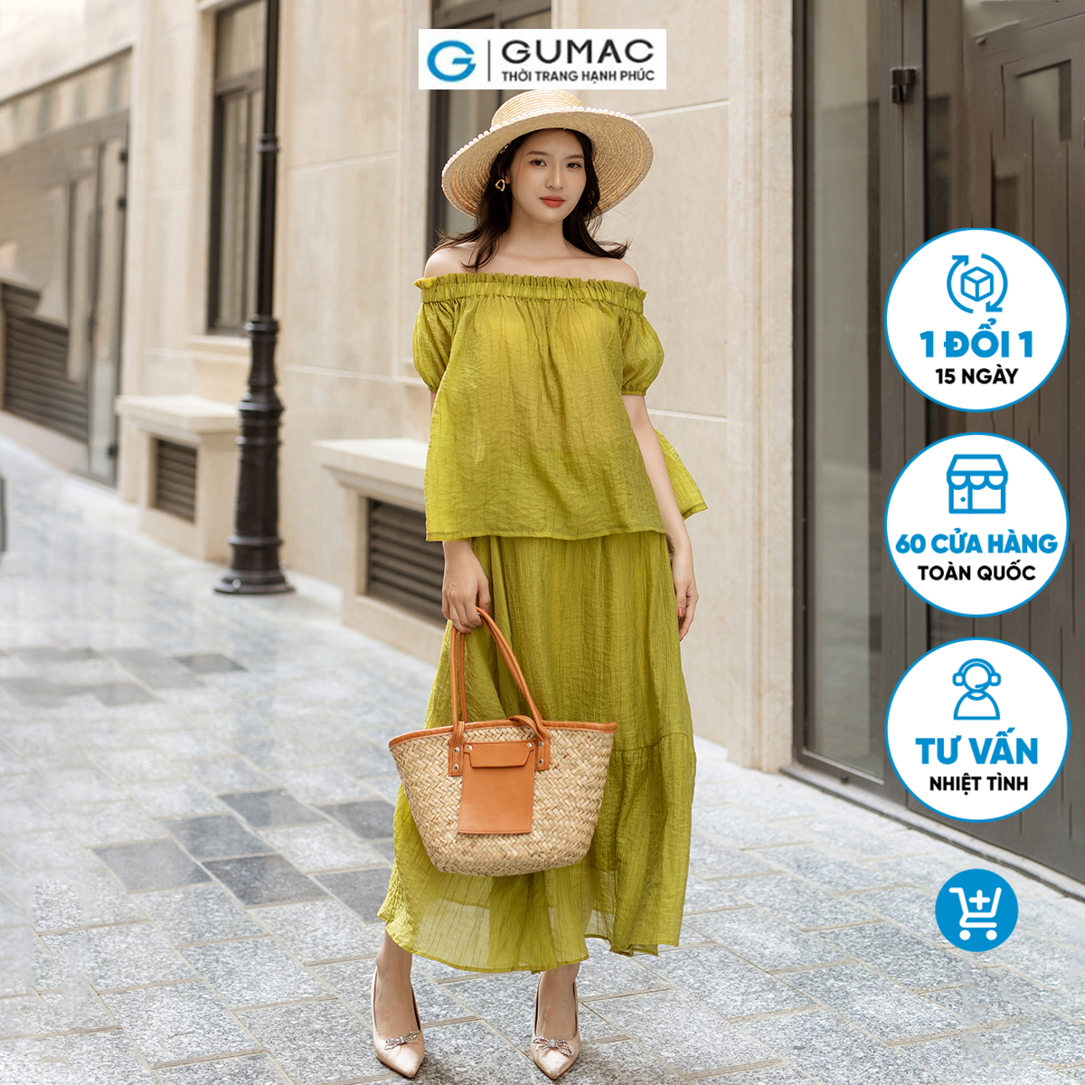 Set lẻ Áo trễ vai tay bí GUMAC AD05003 - Chân váy xòe lưng thun VD05005