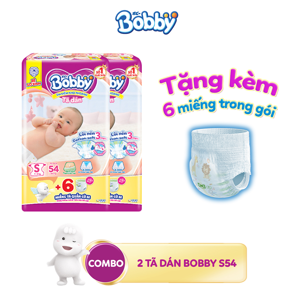 [Tặng kèm 6 miếng tã quần trong mỗi gói] Combo 2 Tã dán Bobby Siêu Thấm S54 dành cho bé 4-8kg