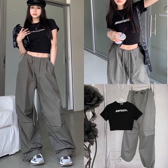 SET QUẦN DÀI ỐNG RỘNG LƯNG CAO DÂY RÚT XÁM TRƠN + ÁO CROPTOP TAY NGẮN ÔM BODY ĐEN THỂ THAO ĐI BIỂN DẠO PHỐ ĐI CHƠI ĐI TIỆC