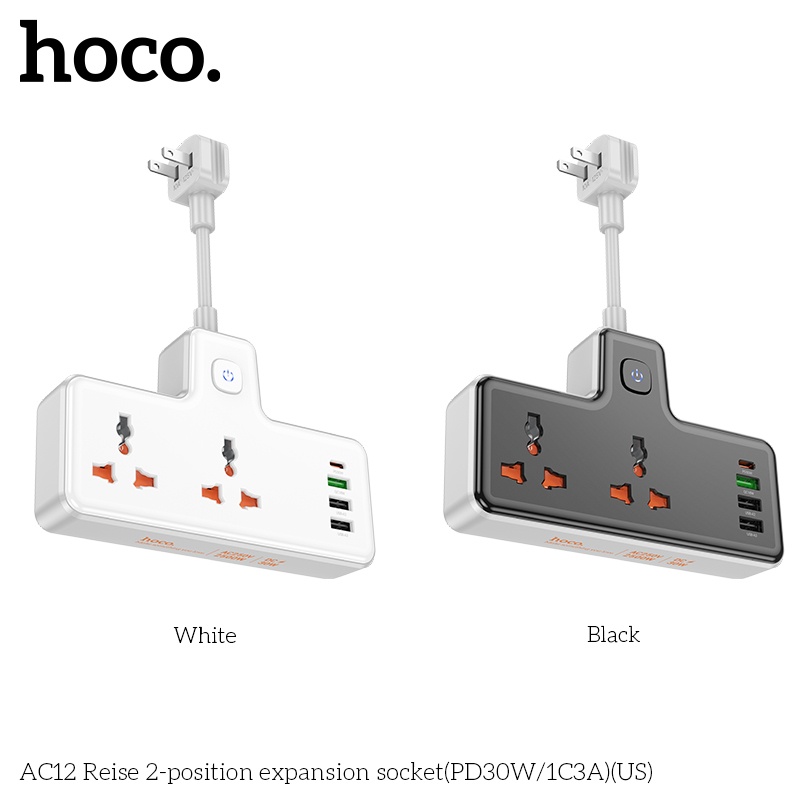 Ổ cắm điện đa năng sạc nhanh PD 30W có 1 cổng typeC + 3 cổng USB và có 2 lỗ cắm tải 2500W - Chính hãng