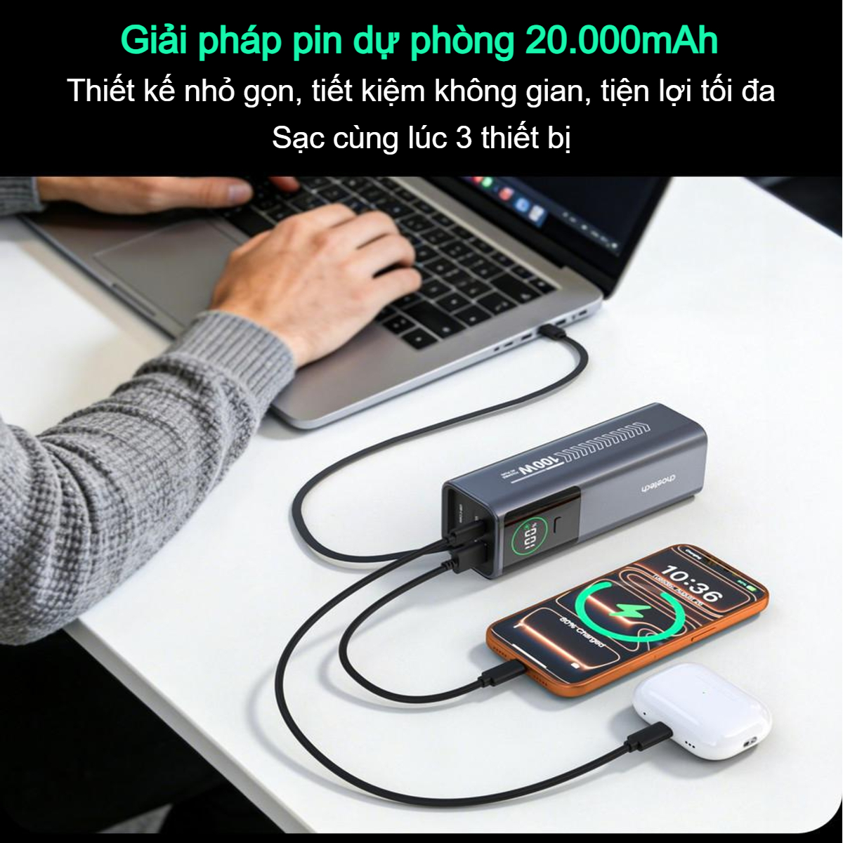 Pin dự phòng kiêm củ sạc 100w Choetech B1012 dung lượng 20000mAh tích hợp cáp sạc đa năng cao cấp (Hàng chính hãng)