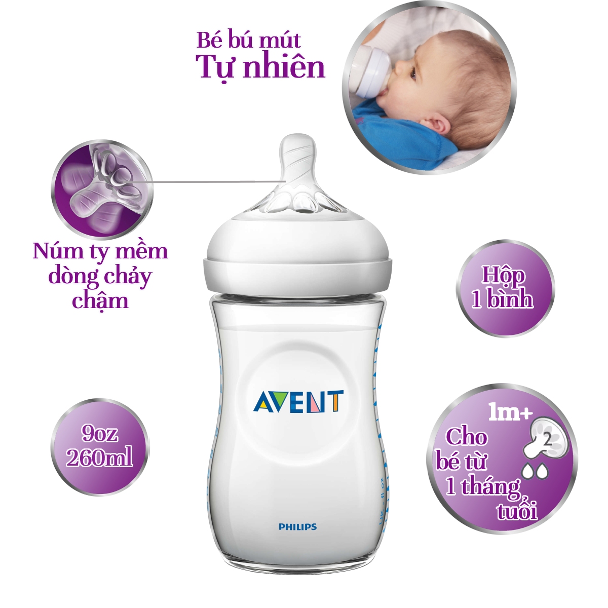 Bình sữa bằng nhựa Philips Avent 260ml cho trẻ từ 1 tháng tuổi SCF693/13