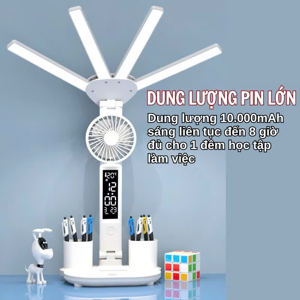 Đèn Chống Cận Mẫu Mới 4 Cánh LED Siêu Sáng – Pin Tích Điện Khủng 10.000mAh, Kèm Quạt &amp; Đồng Hồ treo tường