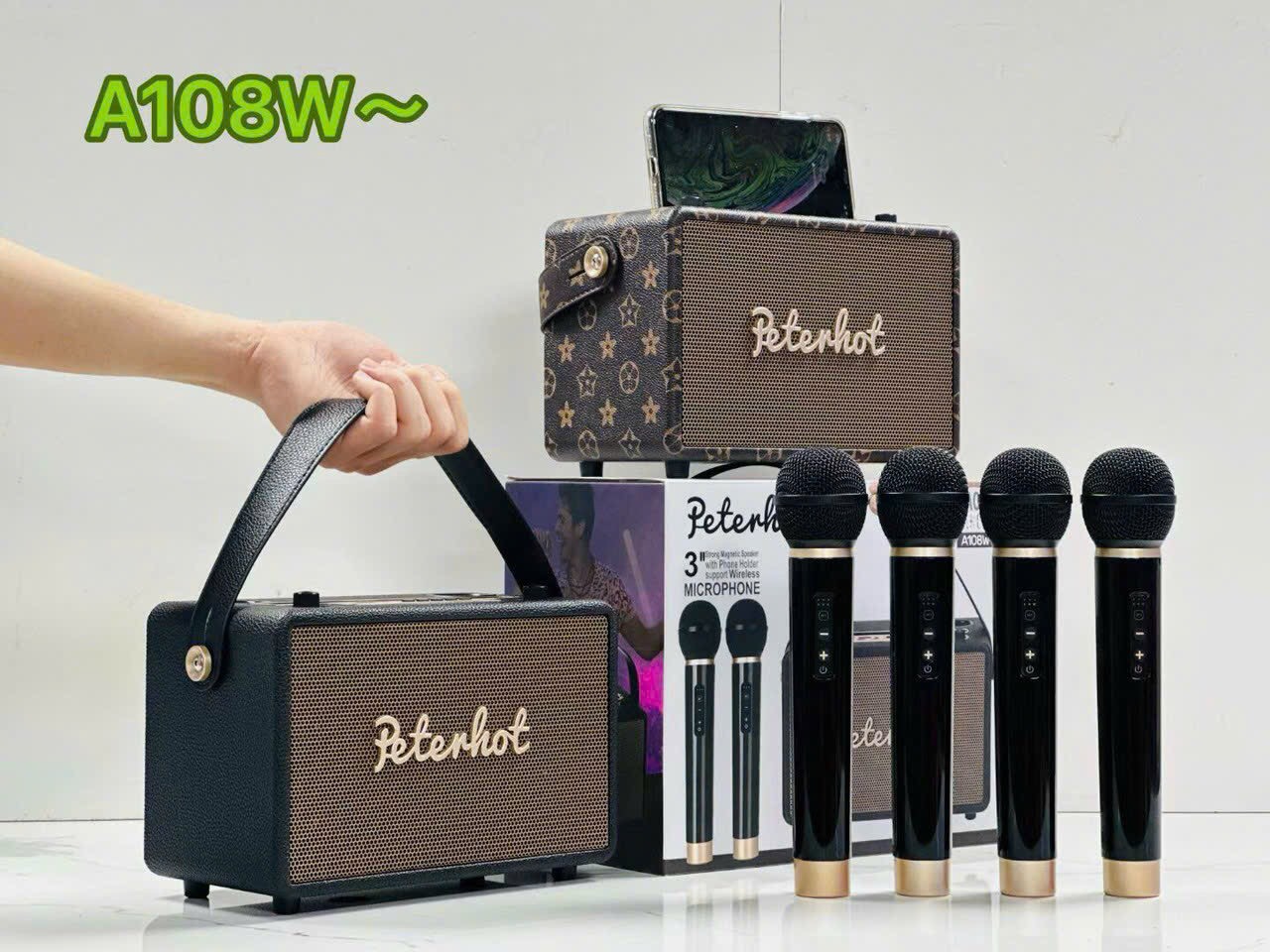 Loa karaoke Bluetooth PETERHOT A108W - kèm 2Micro không dây Cổng typeC -Hàng Chính Hãng