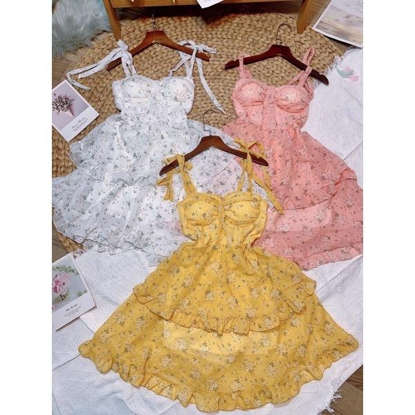 Đầm hoa 2 dây cột vai cúp ngực phối bèo 2 tầng chất voan siêu đẹp-hình thật.