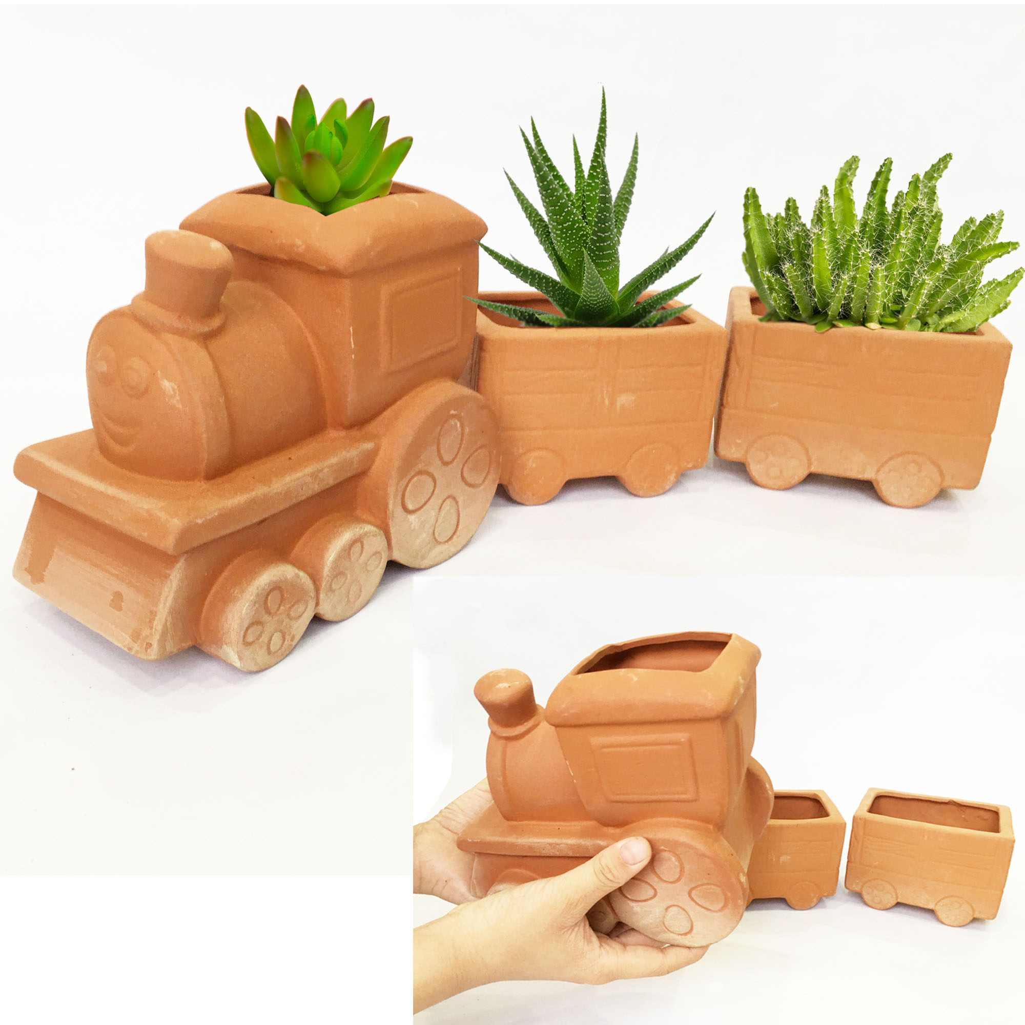 Bộ Chậu đất nung Đoàn Tàu Lửa vintage , chậu có lỗ, trồng bonsai, cây cảnh, sen đá, trang trí sân vườn