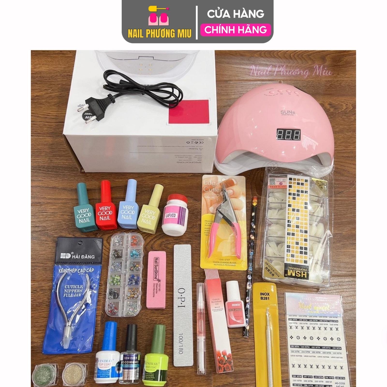 Combo Dụng Cụ Làm Nail Cá Nhân Số 3, Bộ Phụ Kiện Cơ Bản Cho Học Viên Tại Nhà, Gồm Máy Hơ Sun 5, Sơn 4 Màu, Bút Chấm Đá Nữ
